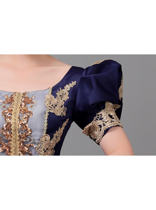 Golden Embroidery Short Sleeves Elegant Blue Long European Style Retro Court Prom Lolita Dress