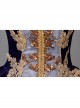 Golden Embroidery Short Sleeves Elegant Blue Long European Style Retro Court Prom Lolita Dress