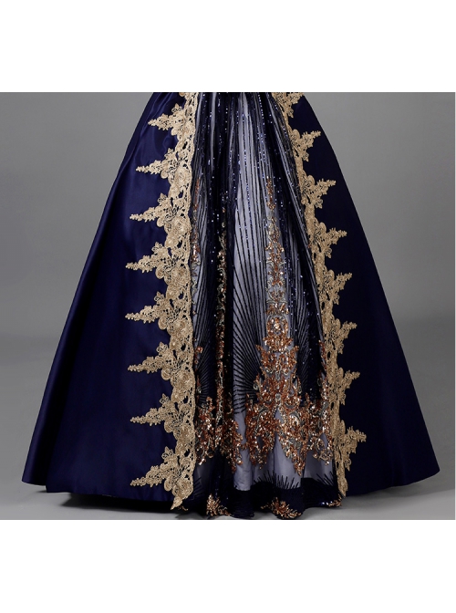 Golden Embroidery Short Sleeves Elegant Blue Long European Style Retro Court Prom Lolita Dress
