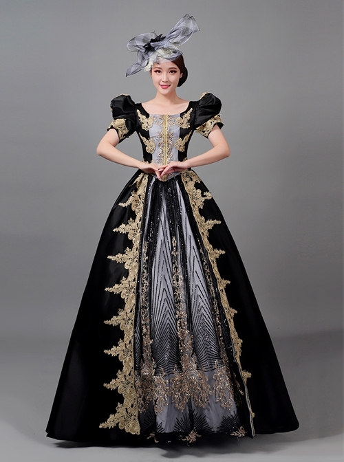 Golden Embroidery Short Sleeve Noble Black Long European Style Retro Court Prom Lolita Dress