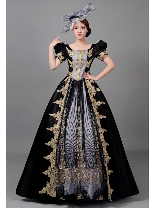 Golden Embroidery Short Sleeve Noble Black Long European Style Retro Court Prom Lolita Dress