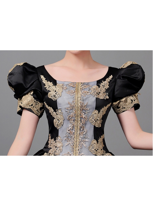 Golden Embroidery Short Sleeve Noble Black Long European Style Retro Court Prom Lolita Dress