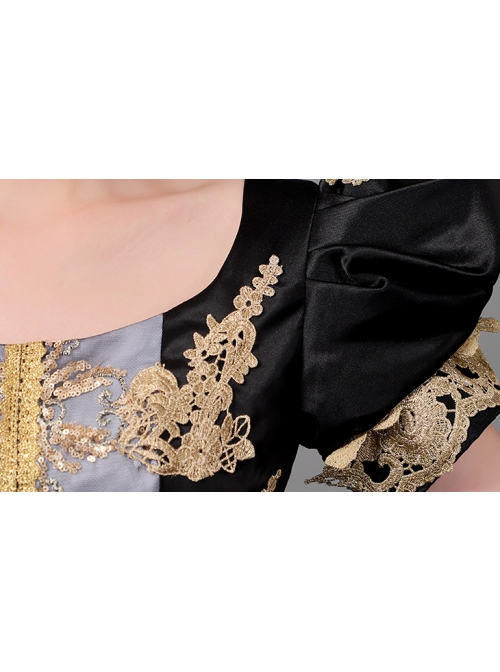 Golden Embroidery Short Sleeve Noble Black Long European Style Retro Court Prom Lolita Dress