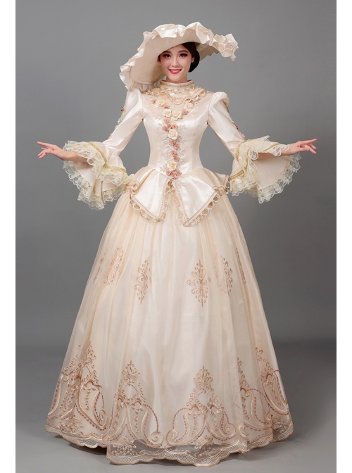 Retro Elegant Long Beige Lace Long Sleeve With Decorative Flowers Prom Lolita Dress