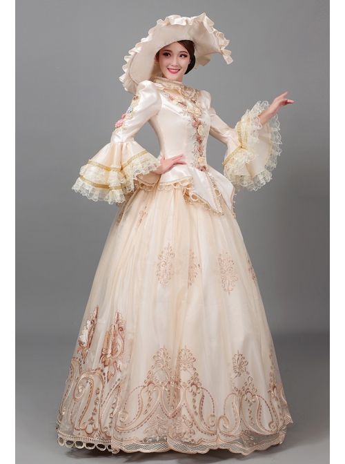 Retro Elegant Long Beige Lace Long Sleeve With Decorative Flowers Prom Lolita Dress