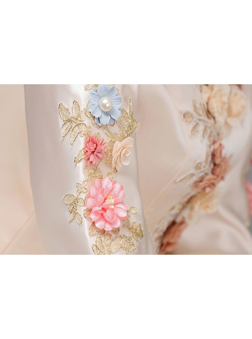 Retro Elegant Long Beige Lace Long Sleeve With Decorative Flowers Prom Lolita Dress