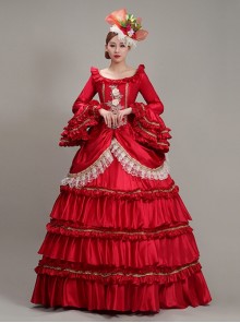 Red Long Retro Ornate Long Sleeve Three-stage Hem Delicate Lace Banquet Festive Prom Lolita Dress