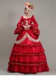 Red Long Retro Ornate Long Sleeve Three-stage Hem Delicate Lace Banquet Festive Prom Lolita Dress