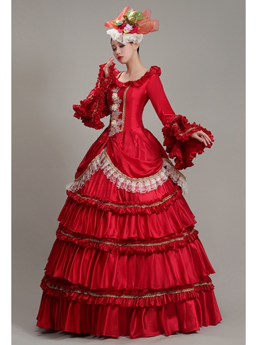 Red Long Retro Ornate Long Sleeve Three-stage Hem Delicate Lace Banquet Festive Prom Lolita Dress