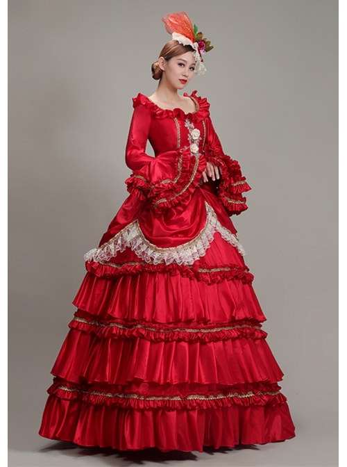 Red Long Retro Ornate Long Sleeve Three-stage Hem Delicate Lace Banquet Festive Prom Lolita Dress