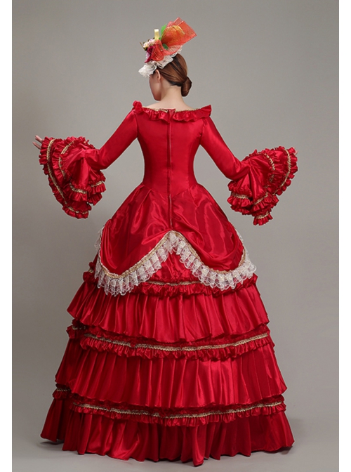 Red Long Retro Ornate Long Sleeve Three-stage Hem Delicate Lace Banquet Festive Prom Lolita Dress