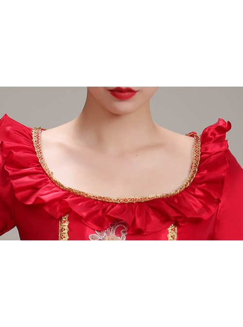 Red Long Retro Ornate Long Sleeve Three-stage Hem Delicate Lace Banquet Festive Prom Lolita Dress