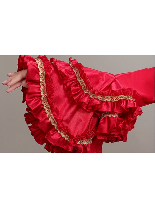 Red Long Retro Ornate Long Sleeve Three-stage Hem Delicate Lace Banquet Festive Prom Lolita Dress