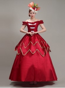 Wine Red Boat Neck Retro Decorative Shirring Drama Performance Prom Lolita Long Dress