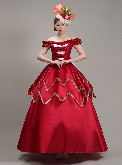 Wine Red Boat Neck Retro Decorative Shirring Drama Performance Prom Lolita Long Dress