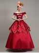 Wine Red Boat Neck Retro Decorative Shirring Drama Performance Prom Lolita Long Dress