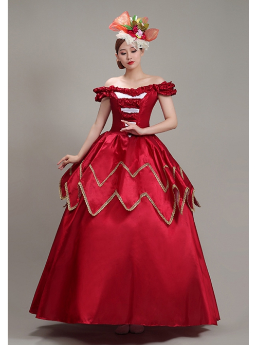 Wine Red Boat Neck Retro Decorative Shirring Drama Performance Prom Lolita Long Dress
