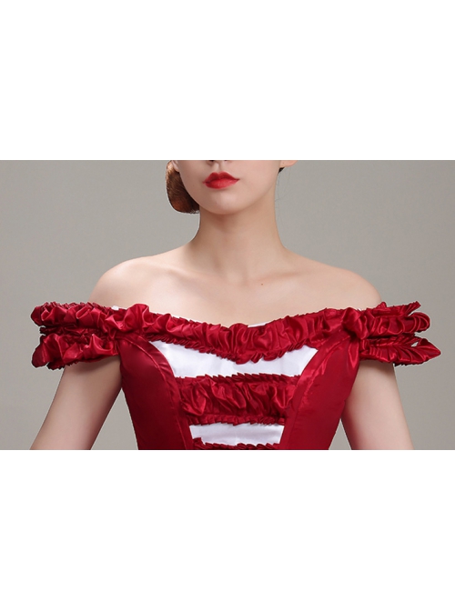 Wine Red Boat Neck Retro Decorative Shirring Drama Performance Prom Lolita Long Dress