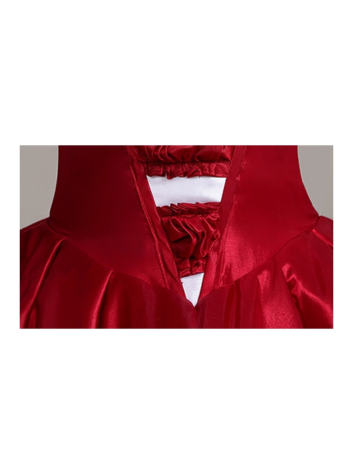 Wine Red Boat Neck Retro Decorative Shirring Drama Performance Prom Lolita Long Dress