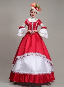 Red Long Retro Court Style White Stand Collar Long Sleeve Lace Drama Performance Prom Lolita Dress