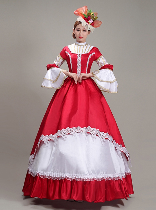 Red Long Retro Court Style White Stand Collar Long Sleeve Lace Drama Performance Prom Lolita Dress