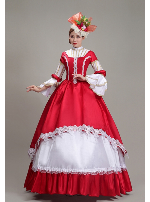 Red Long Retro Court Style White Stand Collar Long Sleeve Lace Drama Performance Prom Lolita Dress