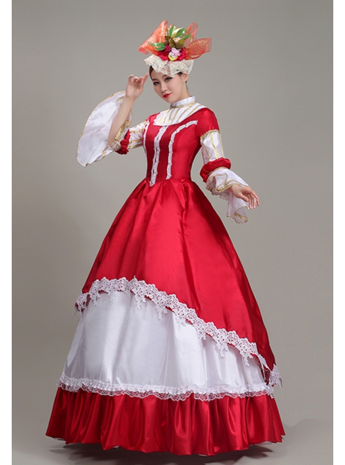 Red Long Retro Court Style White Stand Collar Long Sleeve Lace Drama Performance Prom Lolita Dress