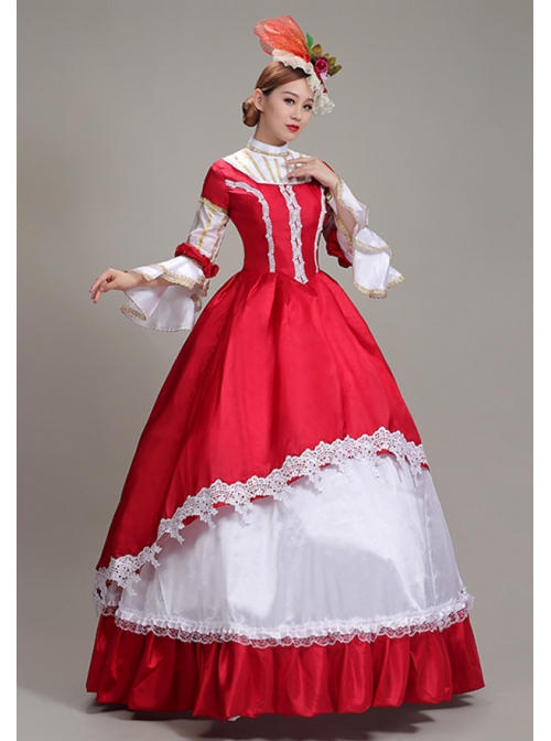 Red Long Retro Court Style White Stand Collar Long Sleeve Lace Drama Performance Prom Lolita Dress