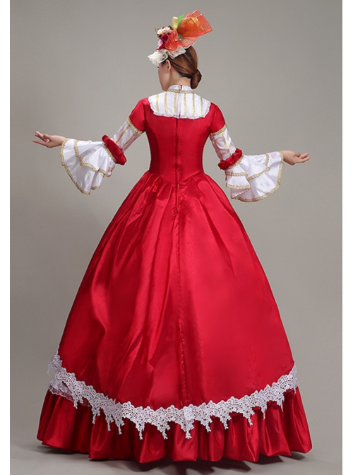 Red Long Retro Court Style White Stand Collar Long Sleeve Lace Drama Performance Prom Lolita Dress