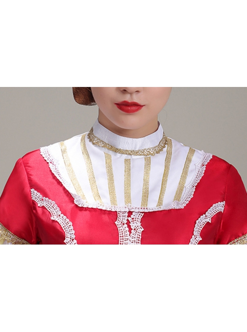 Red Long Retro Court Style White Stand Collar Long Sleeve Lace Drama Performance Prom Lolita Dress