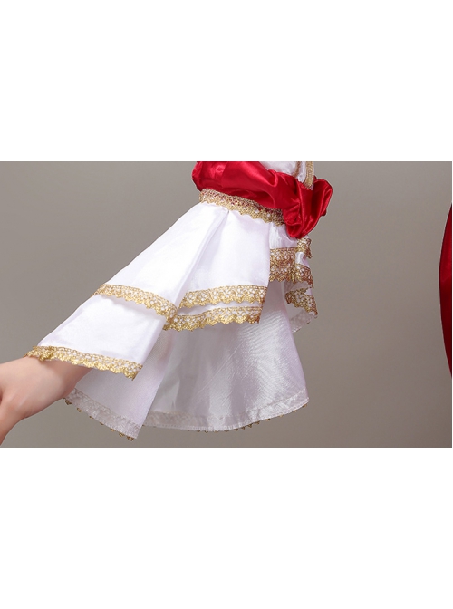 Red Long Retro Court Style White Stand Collar Long Sleeve Lace Drama Performance Prom Lolita Dress