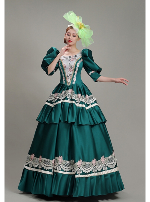 Dark Green Puff Mid-length Sleeve Lace Party Retro Court Lolita Prom Dress