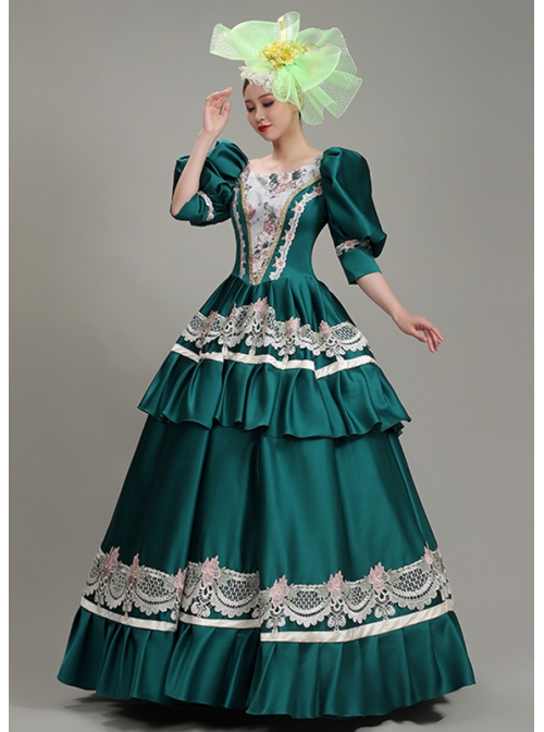 Dark Green Puff Mid-length Sleeve Lace Party Retro Court Lolita Prom Dress