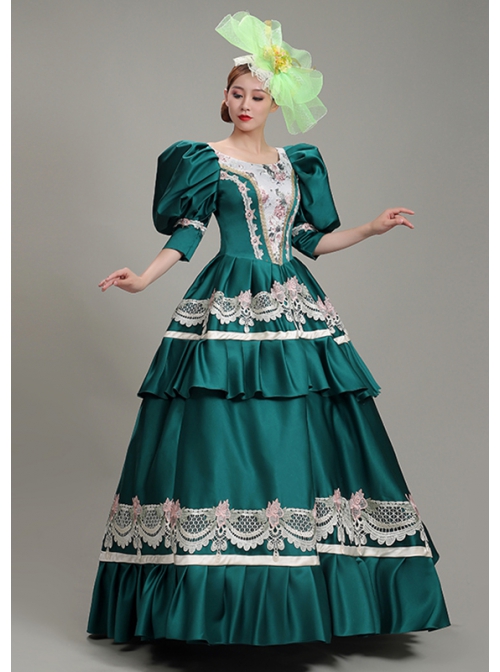 Dark Green Puff Mid-length Sleeve Lace Party Retro Court Lolita Prom Dress