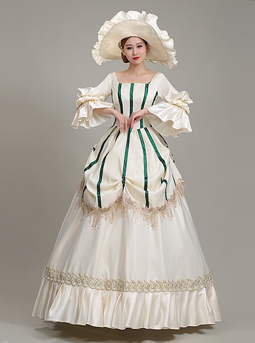 White Long Green Vertical Stripe Decoration Puff Long Sleeve Royal Dinner Annual Meeting Party Retro Court Lolita Prom Dress