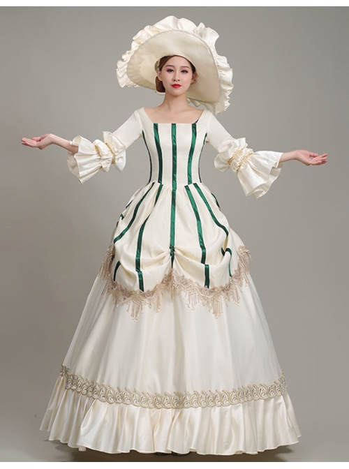 White Long Green Vertical Stripe Decoration Puff Long Sleeve Royal Dinner Annual Meeting Party Retro Court Lolita Prom Dress
