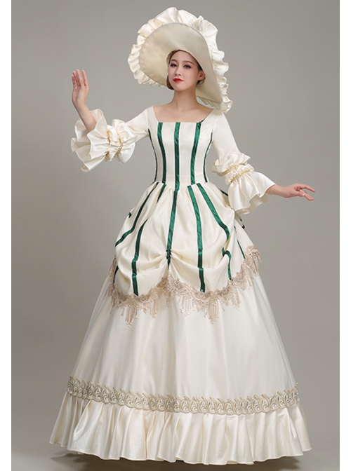 White Long Green Vertical Stripe Decoration Puff Long Sleeve Royal Dinner Annual Meeting Party Retro Court Lolita Prom Dress