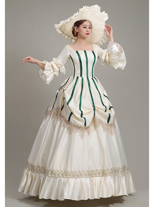 White Long Green Vertical Stripe Decoration Puff Long Sleeve Royal Dinner Annual Meeting Party Retro Court Lolita Prom Dress