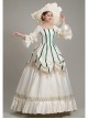 White Long Green Vertical Stripe Decoration Puff Long Sleeve Royal Dinner Annual Meeting Party Retro Court Lolita Prom Dress