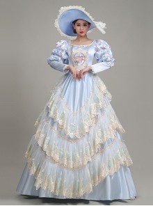 Light Blue  Puff Long Sleeve Delicate Lace Hem Dreamy Gorgeous Royal Court Retro Prom Lolita Dress