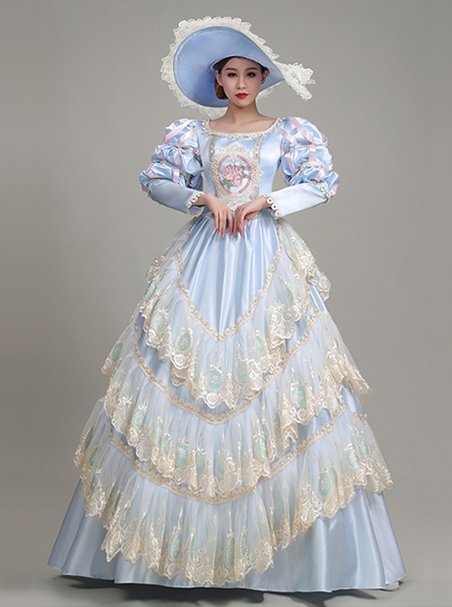 Light Blue  Puff Long Sleeve Delicate Lace Hem Dreamy Gorgeous Royal Court Retro Prom Lolita Dress