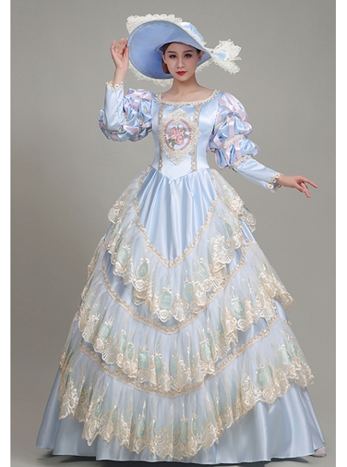 Light Blue  Puff Long Sleeve Delicate Lace Hem Dreamy Gorgeous Royal Court Retro Prom Lolita Dress