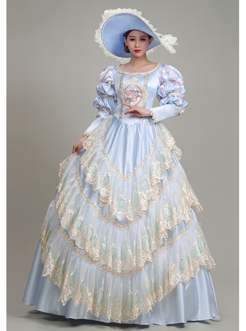 Light Blue  Puff Long Sleeve Delicate Lace Hem Dreamy Gorgeous Royal Court Retro Prom Lolita Dress