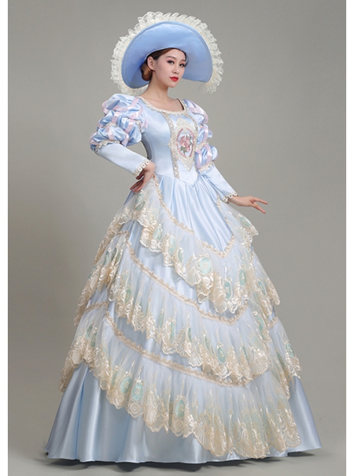 Light Blue  Puff Long Sleeve Delicate Lace Hem Dreamy Gorgeous Royal Court Retro Prom Lolita Dress