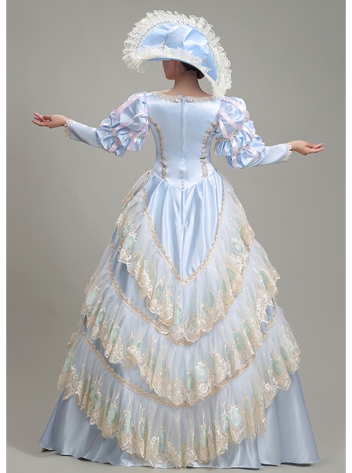 Light Blue  Puff Long Sleeve Delicate Lace Hem Dreamy Gorgeous Royal Court Retro Prom Lolita Dress