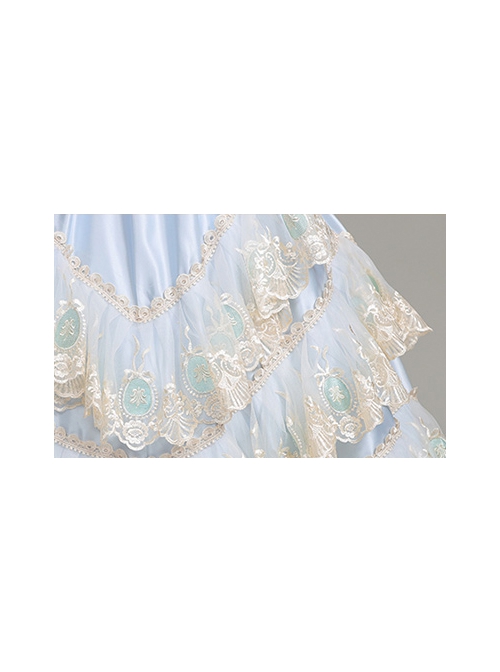 Light Blue  Puff Long Sleeve Delicate Lace Hem Dreamy Gorgeous Royal Court Retro Prom Lolita Dress