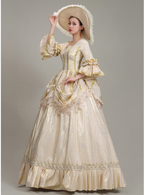 Elegant Champagne Puff Mid-length Sleeve Golden Vertical Stripes Decoration Royal Court Style Lolita Prom Dress