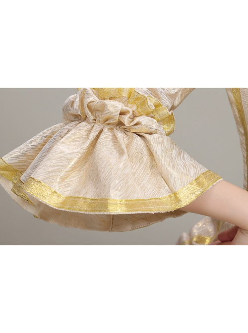 Elegant Champagne Puff Mid-length Sleeve Golden Vertical Stripes Decoration Royal Court Style Lolita Prom Dress