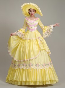 Spring Lively Girlish Feel Bright Yellow Pink Petal Lace Long Sleeve Outing Picnic Court Style Lolita Prom Dress