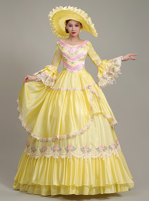 Spring Lively Girlish Feel Bright Yellow Pink Petal Lace Long Sleeve Outing Picnic Court Style Lolita Prom Dress